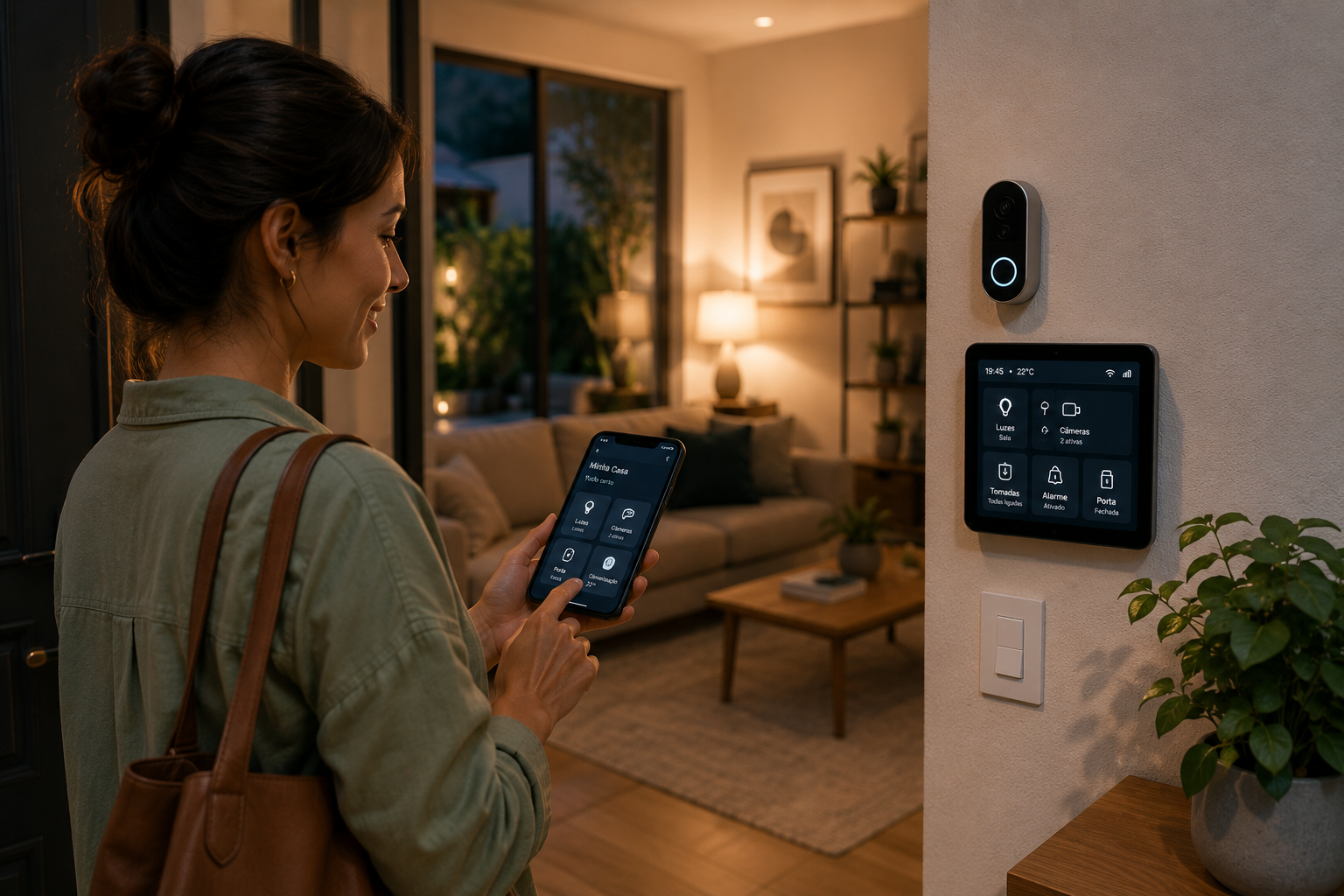 Pessoa controlando discretamente funções de uma casa contemporânea pelo celular
