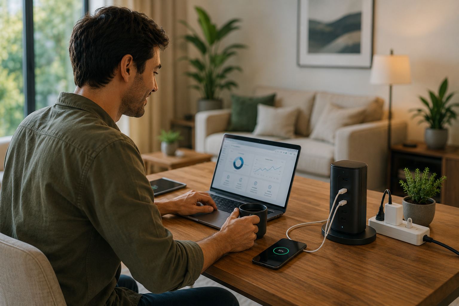 Pessoa usando dispositivos conectados e carregados em um ambiente doméstico