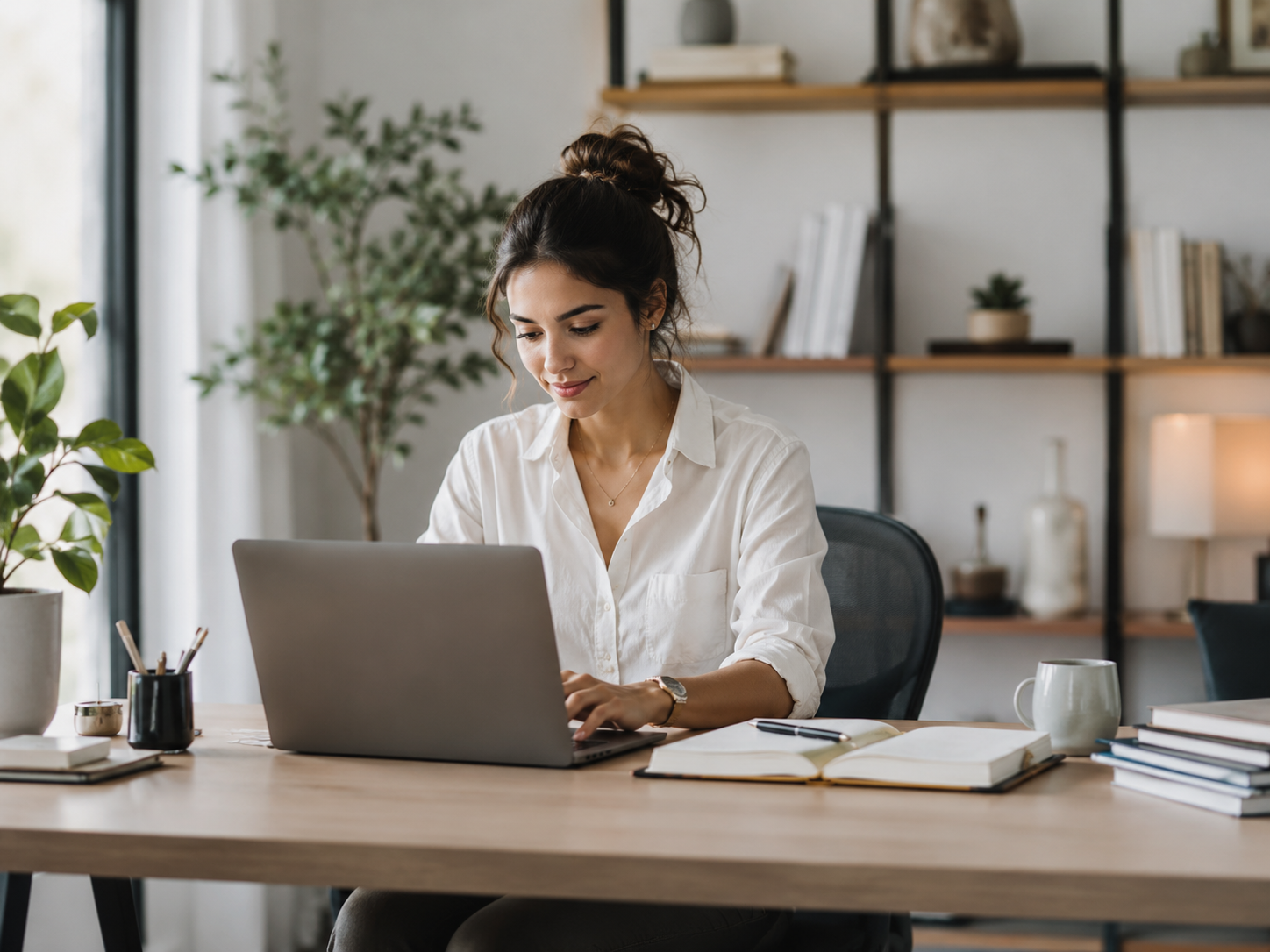 Pessoa trabalhando com notebook e fazendo anotações em um home office organizado