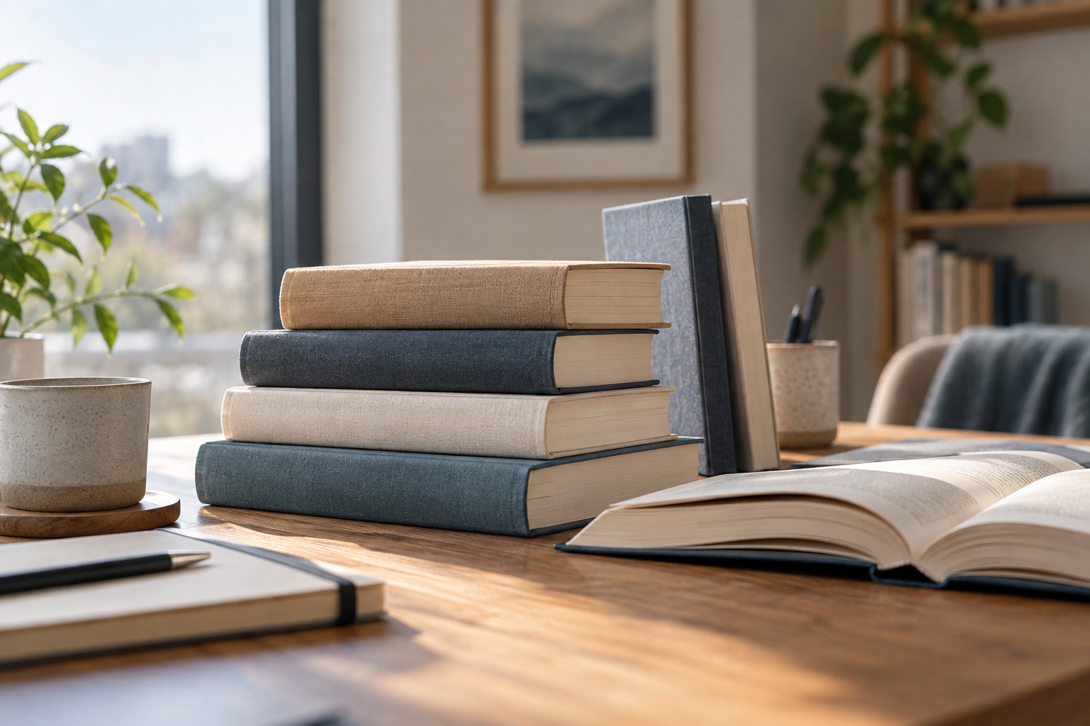 Livros sobre hábitos, foco e decisões em uma mesa de leitura
