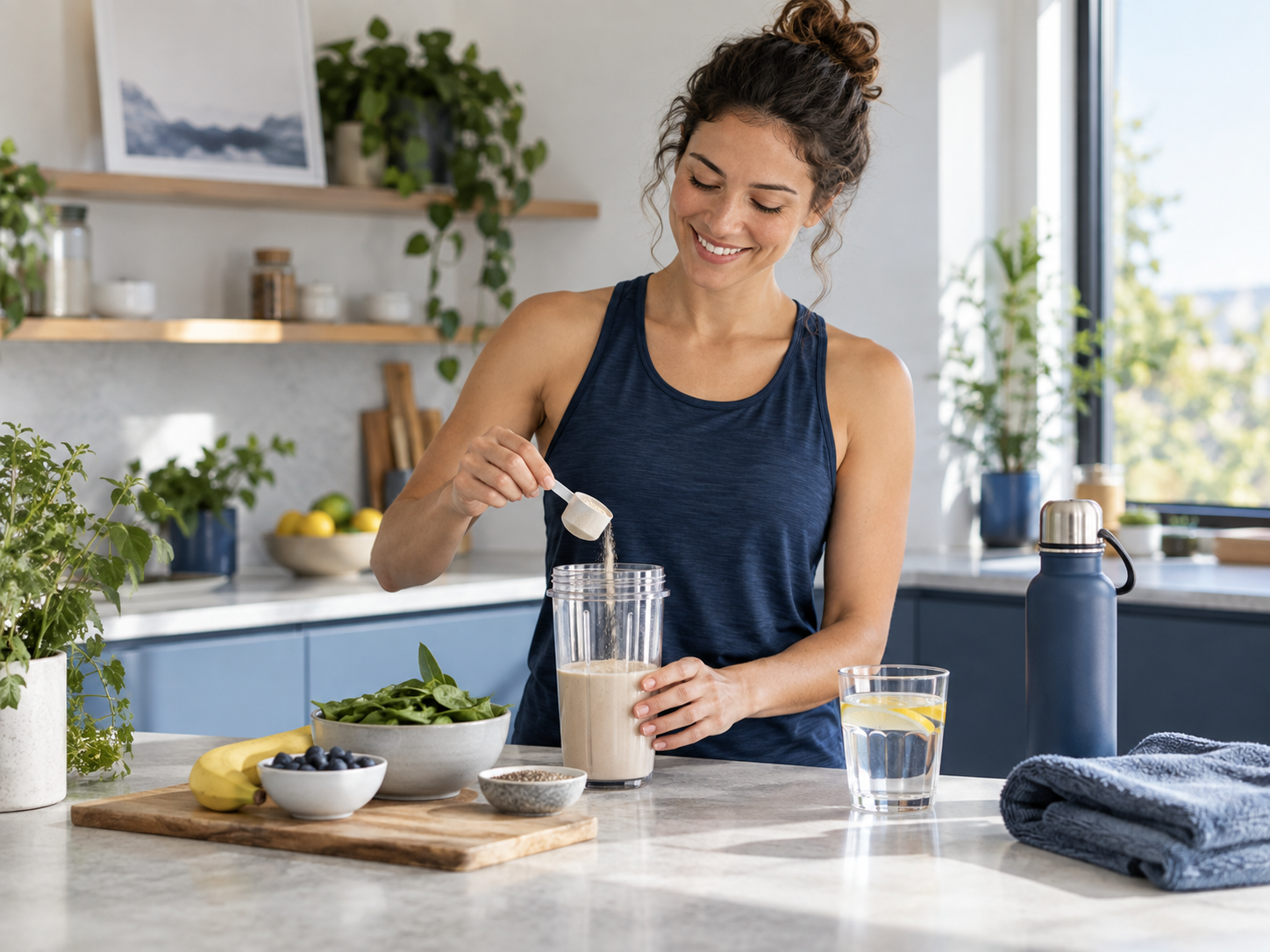 Pessoa preparando uma bebida nutritiva em uma cozinha clara após atividade física